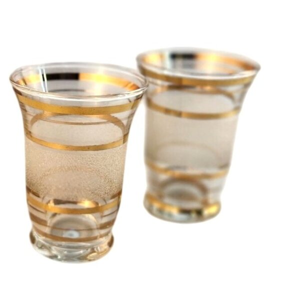 Mid-Century Modern Set Of 2 Frosted Glasses With Gold Stripes 3.25" Tall x 2.25" - Picture 2 of 8
